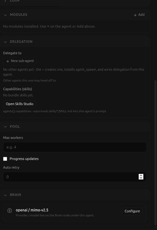 The Delegation and Pool sections, and the Brain summary with its Configure shortcut