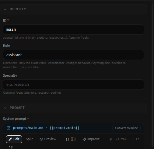The Agent panel's Identity and Prompt sections