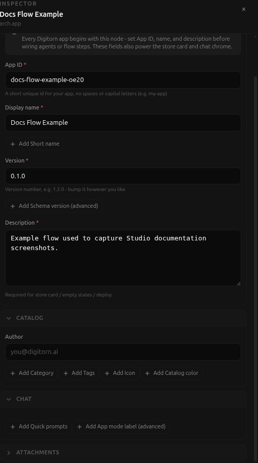 The App node's Identity section: App ID, Display name, Version, Description