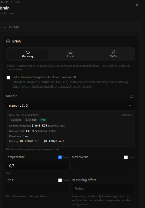 The Brain panel: Gateway / Local / BYOK tabs, model picker with live catalog data