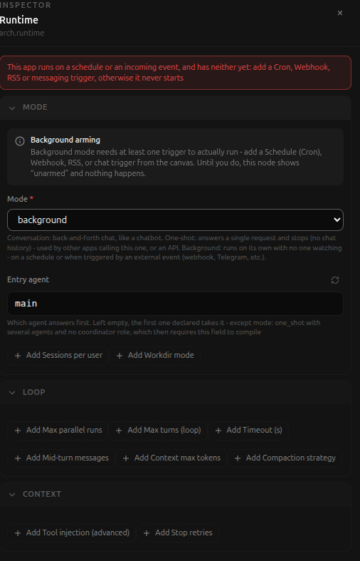 The unarmed-background warning, both in the panel and as a compile error