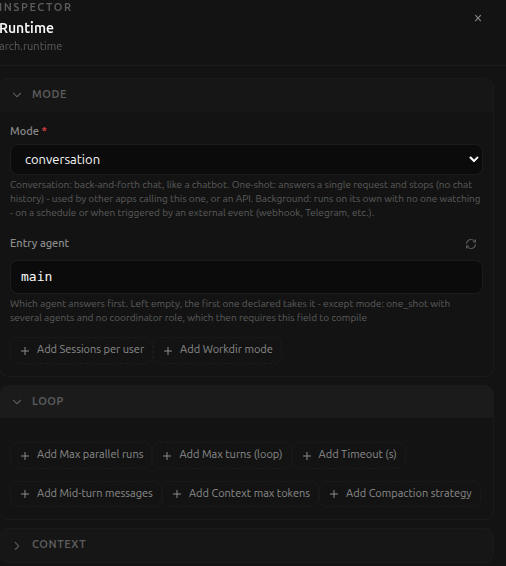 The Runtime node's Mode section, with the mode dropdown and its help text