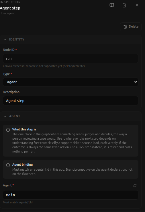 The Agent step's side panel