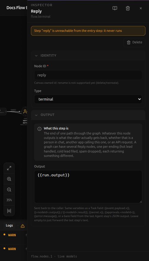 The Reply step's side panel