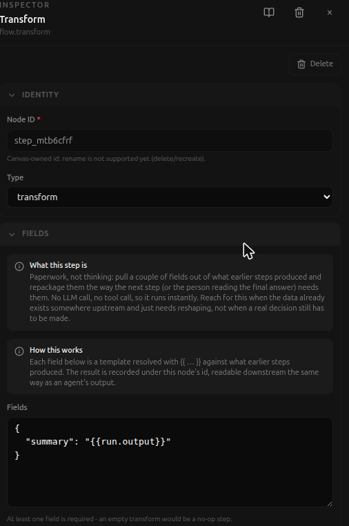 The Transform step's side panel