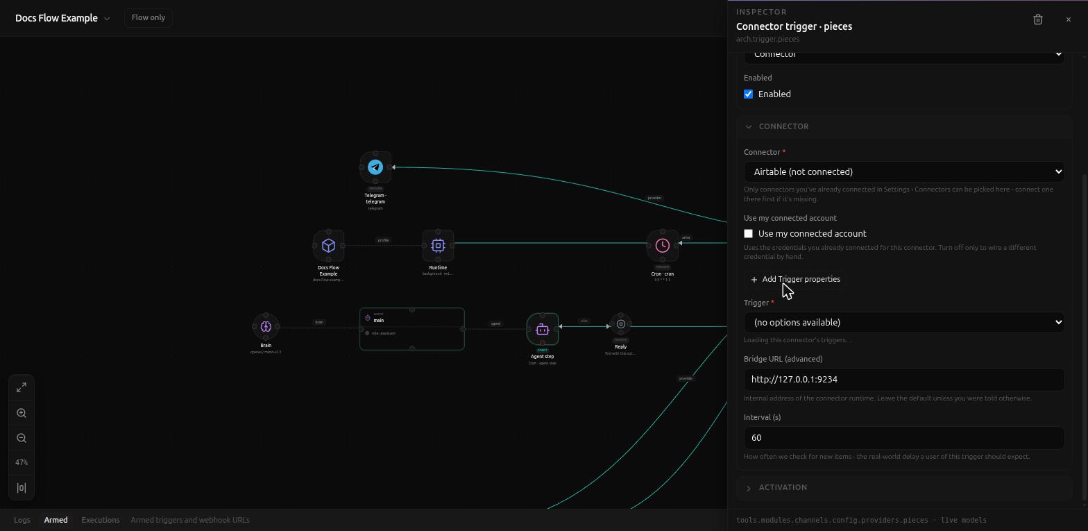 The Connector section: connector picker, "Use my connected account", Trigger picker, Bridge URL, Interval