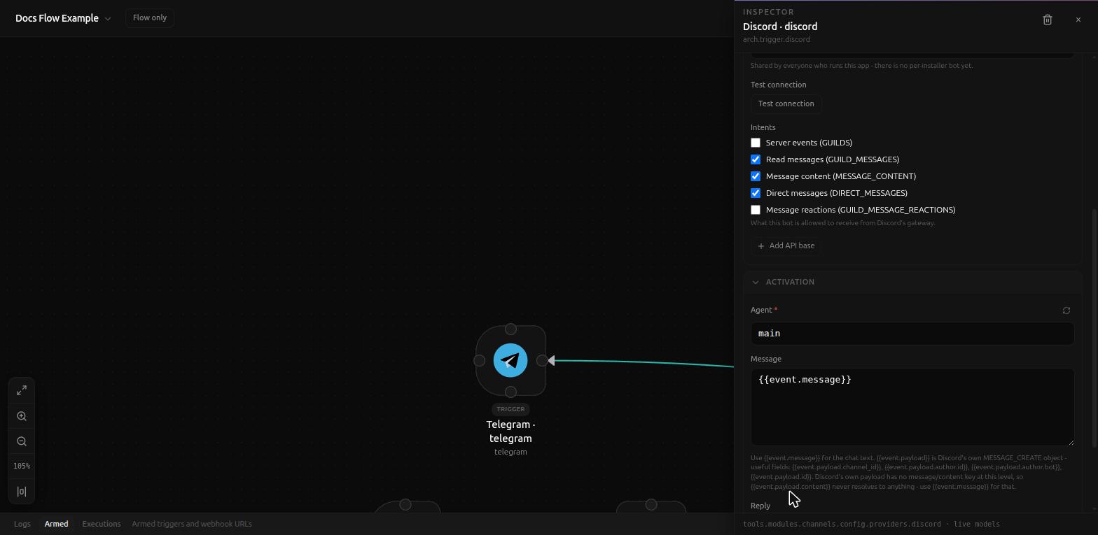 Bot section: token, Test connection, and Intents rendered as checkboxes