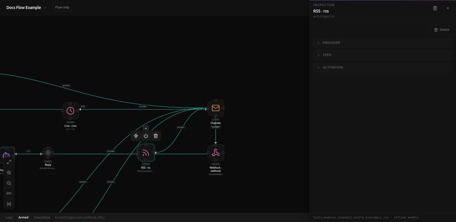 The RSS node on the canvas, selected