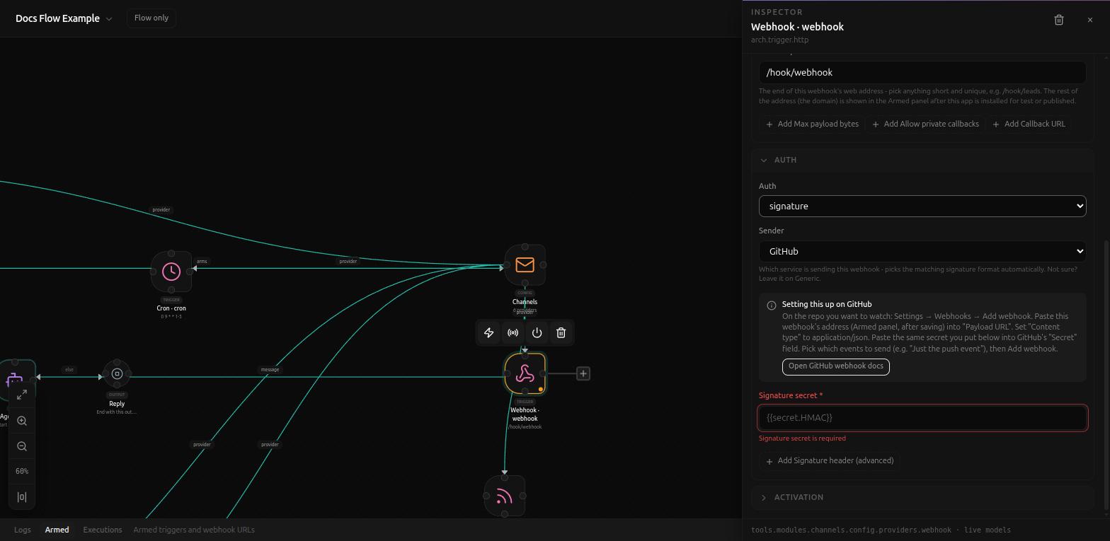 Auth set to signature, Sender set to GitHub, showing GitHub's own setup notice and the Signature secret field
